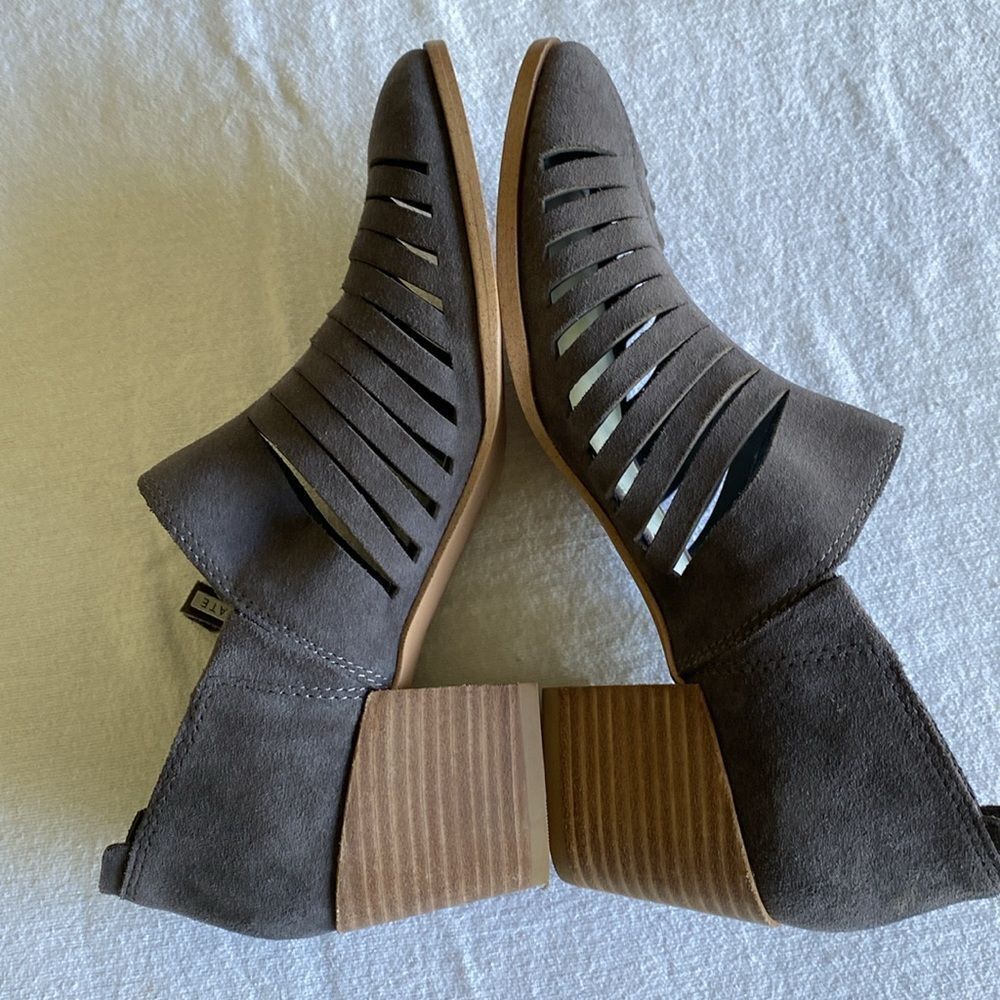 1STATE genuine leather cage laser cut stacked block heel pointed toe